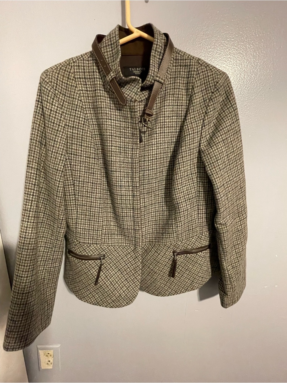 Talbots Brown Houndstooth Wool-Blend Jacket with Leather Trim